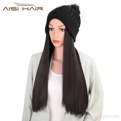 Aisi Hair Synthetic Black Long Straight Silky Cap Hair Knit Slouchy Hat Fiber Hair Extension With Cap For Black White Women